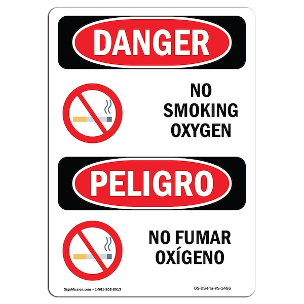 OSHA Sign, No Smoking Oxygen Bilingual, 24in X 18in Rigid Plastic, 18" W, 24" L, Bilingual Spanish